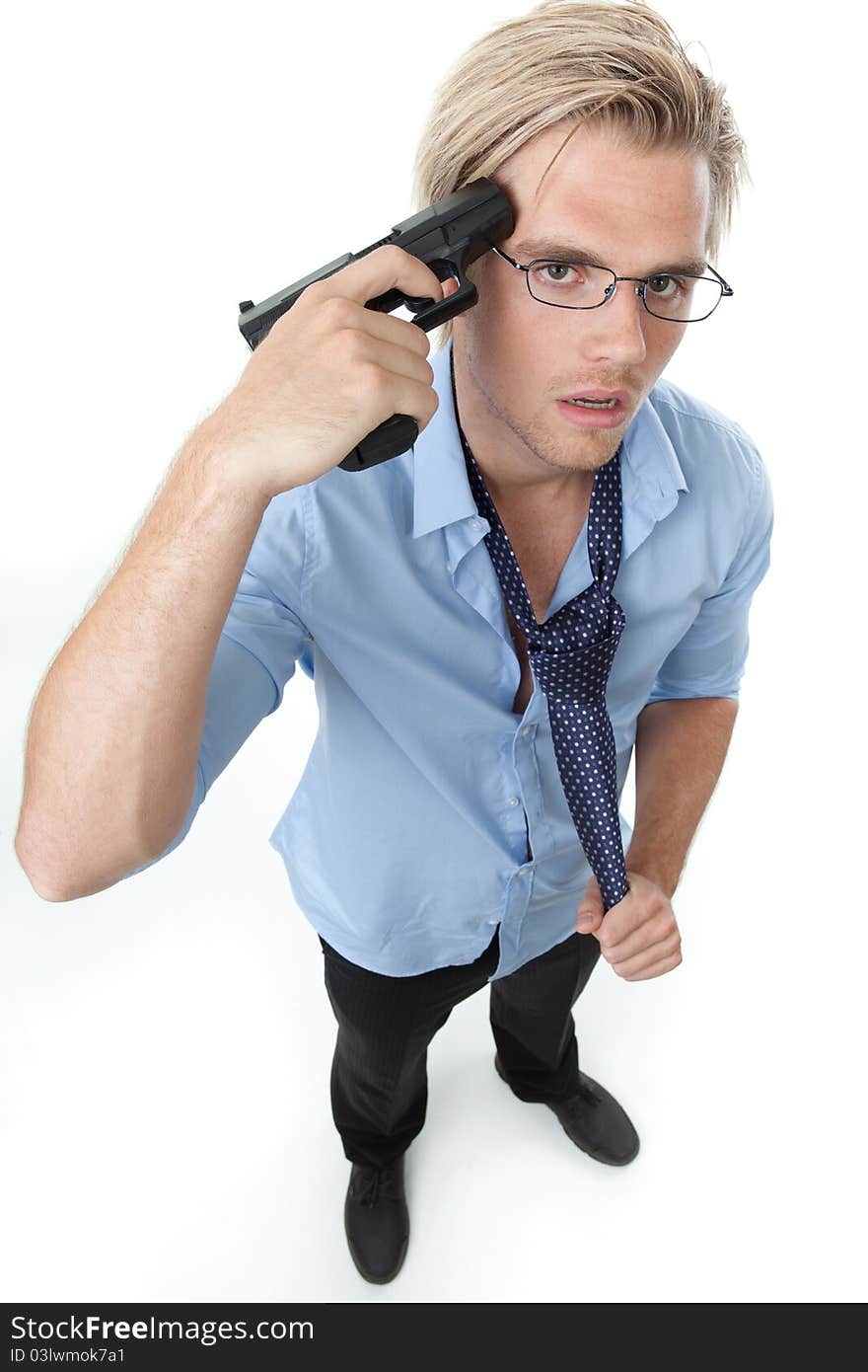 Businessman holding a gun on his head