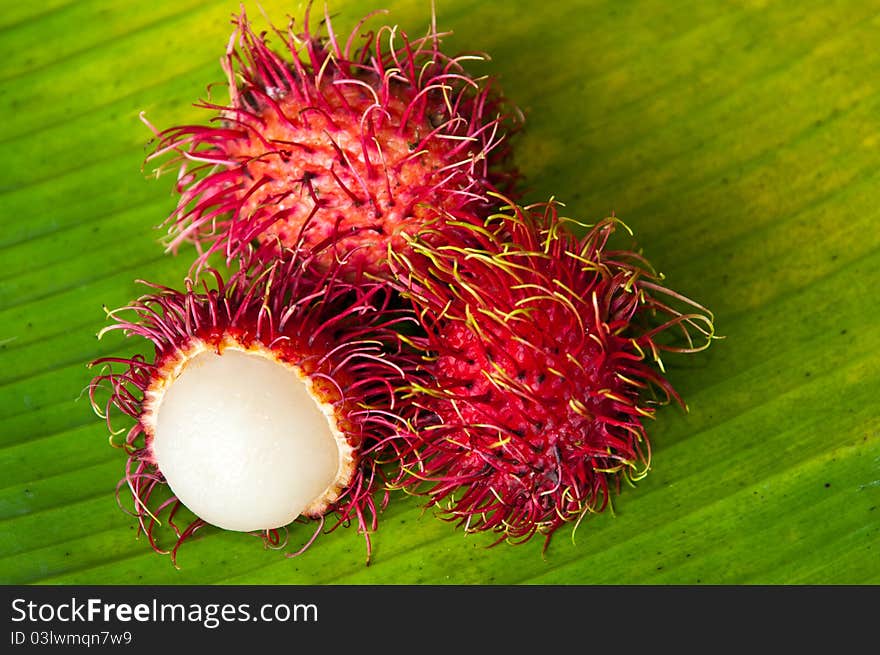 Rambutan on banana leaf