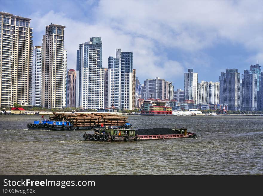 Coal and Timber Barges on the River Huangpu