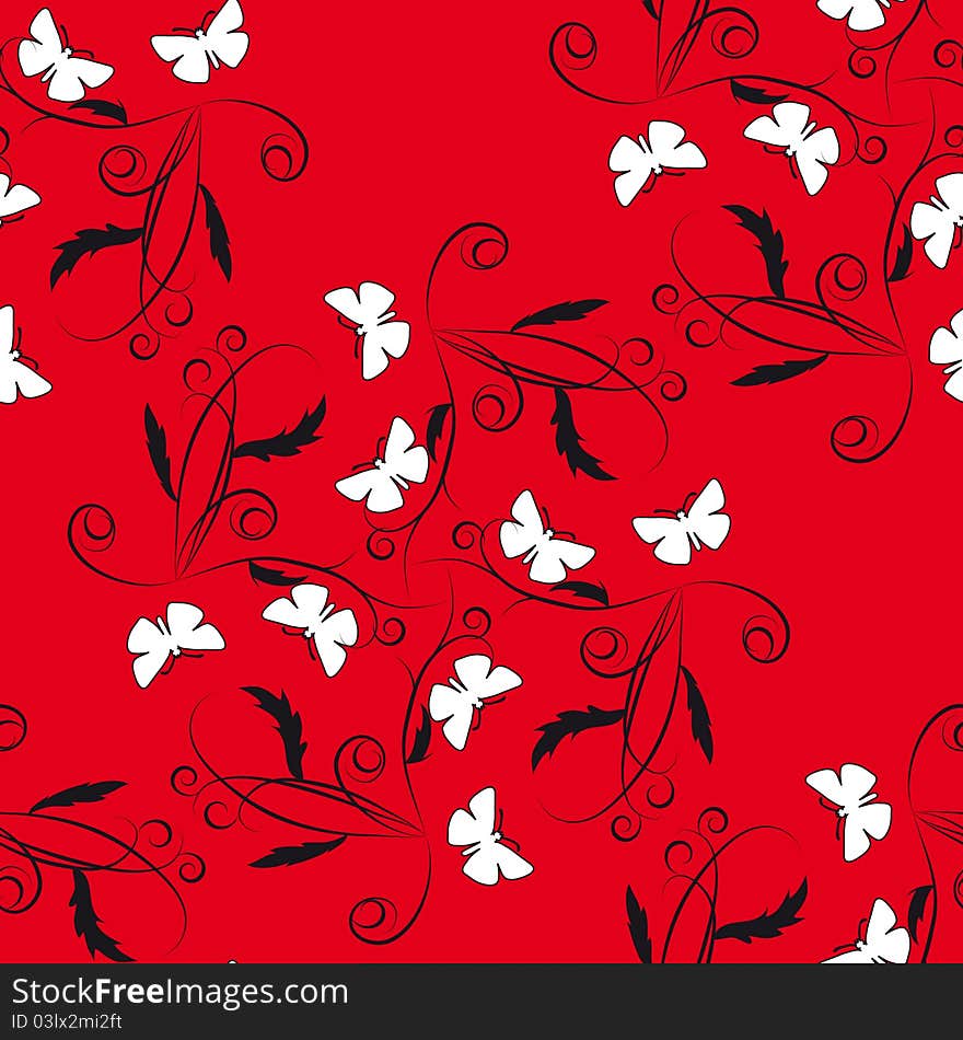 Red seamless background with flowers and butterflies