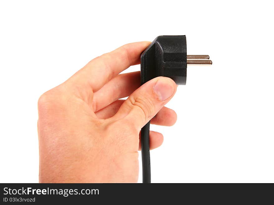 Power plug in hand isolated on white background