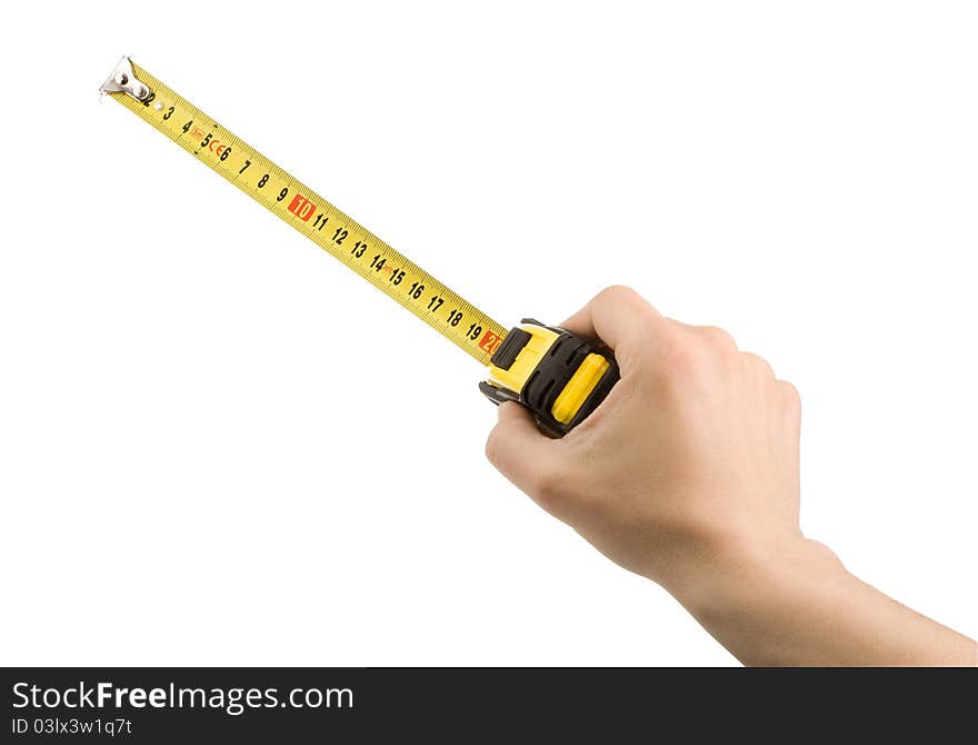 Hand measuring by tape measure isolated on white background. Hand measuring by tape measure isolated on white background