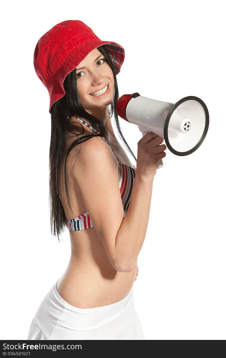 Portrait of young happy female holding megaphone isolated on white background. Portrait of young happy female holding megaphone isolated on white background