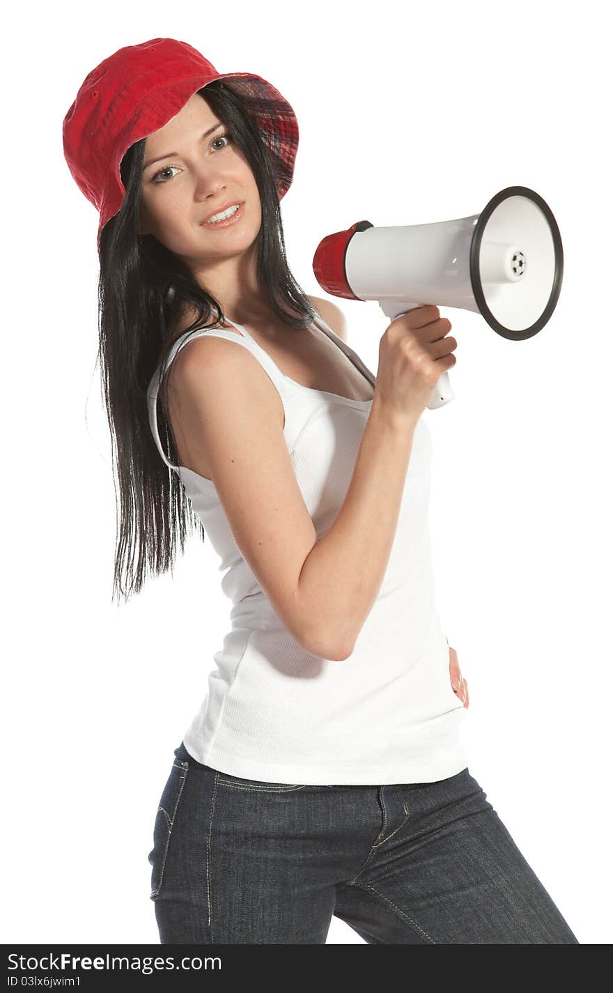 Full-body portrait of young happy female holding megaphone isolated on white background. Full-body portrait of young happy female holding megaphone isolated on white background