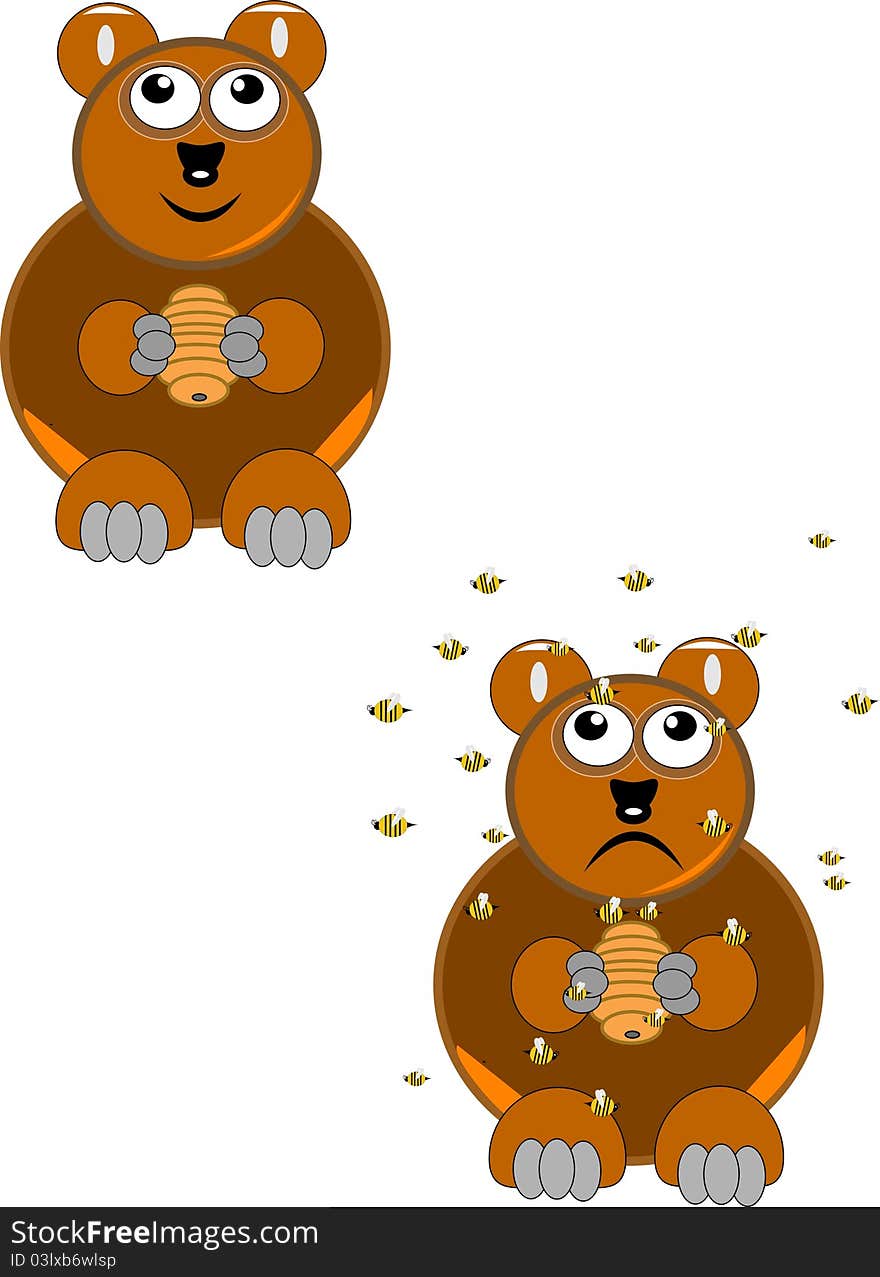 Happy and scared brown bear with bees and honey illustration. Happy and scared brown bear with bees and honey illustration