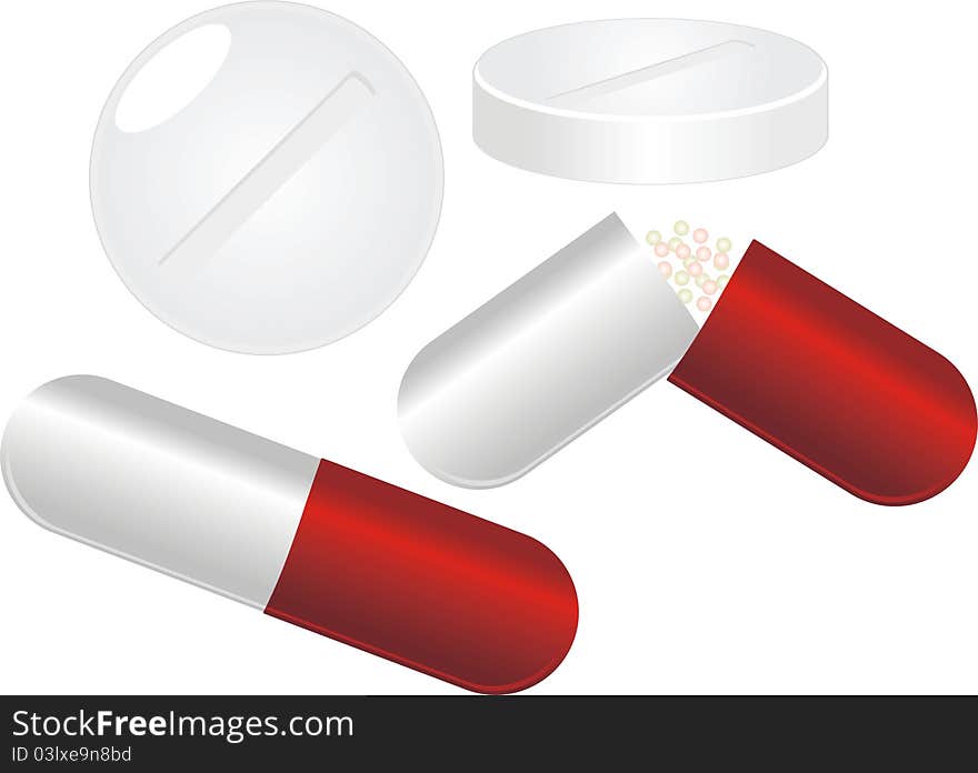 Set of pills isolated on the white. Illustration