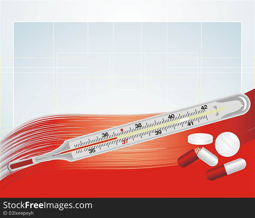 Thermometer and pills on the abstract background. Illustration