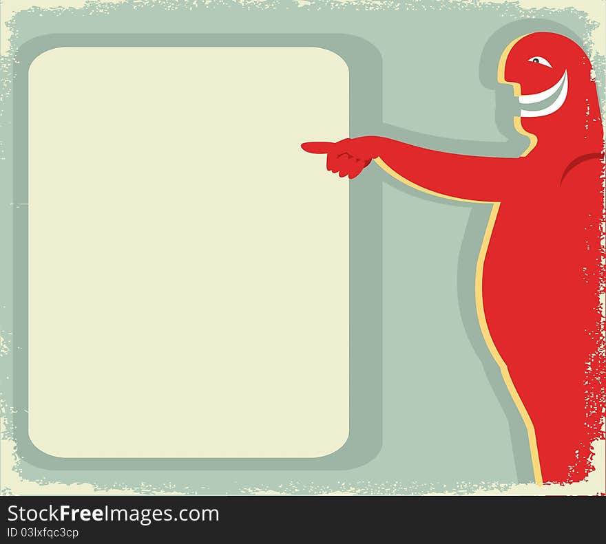 Laughing poster.Pointing man to background for text.Vector vintage poster