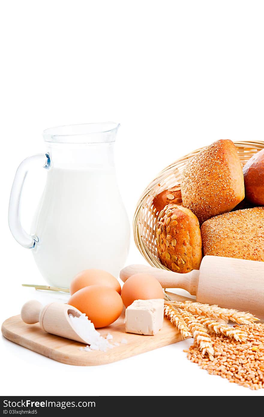 Ingredients for homemade bread, isolated on a white background