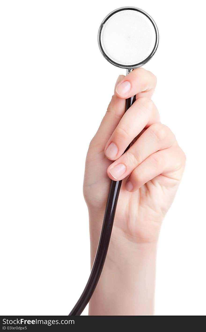 Female hand with stethoscope, with room for text. isolated on a white background