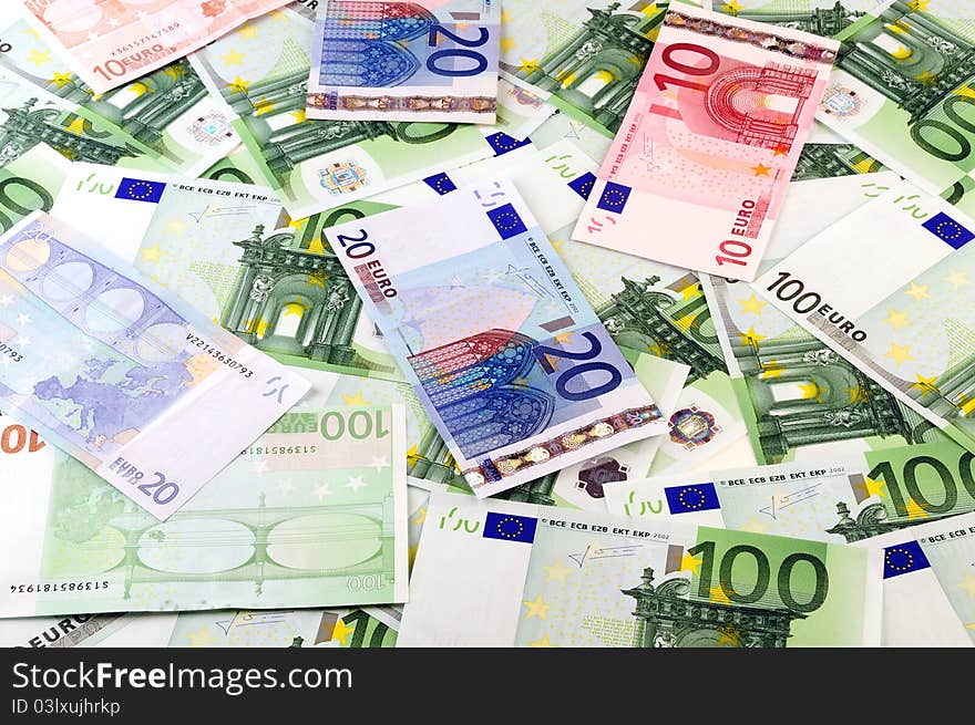 Euro banknotes background, close up