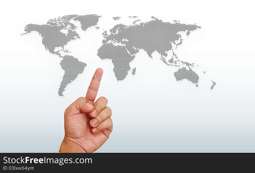 Hand pointing on world map