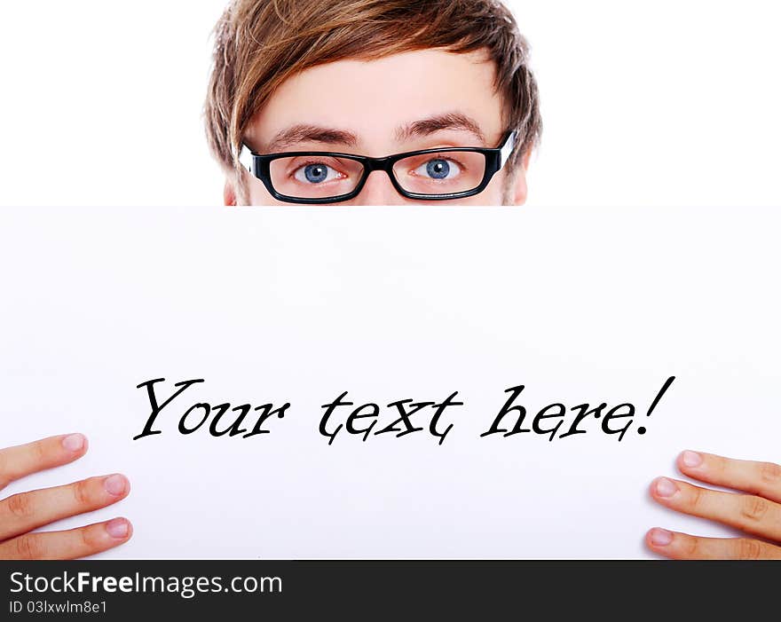 Young in glasses holding blank board for your text. Young in glasses holding blank board for your text