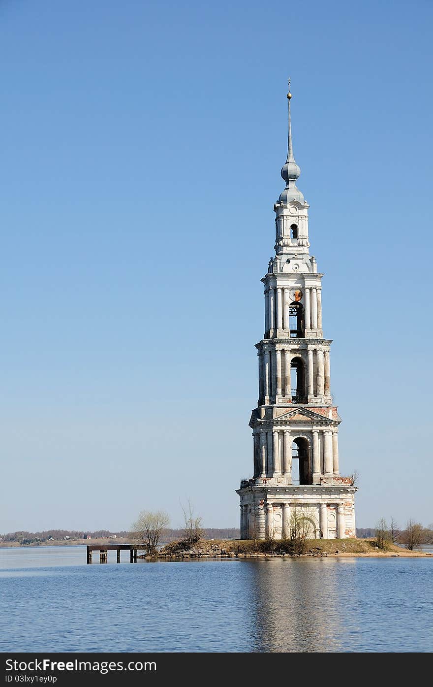 Belltower on river Volga, Kalyazin, Russia