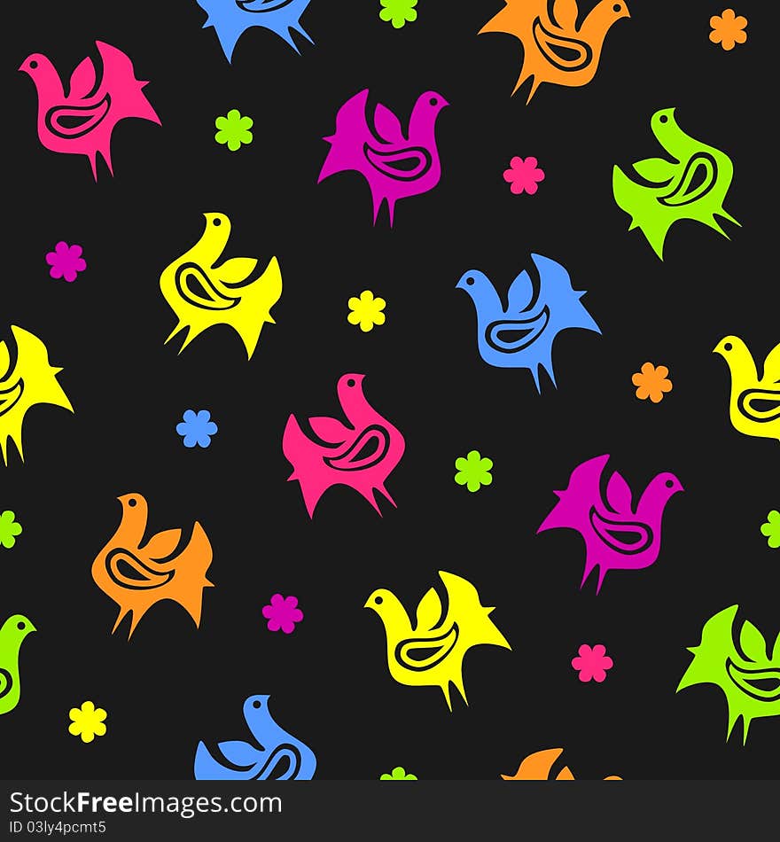 Background With Colorful Hens And Flowers