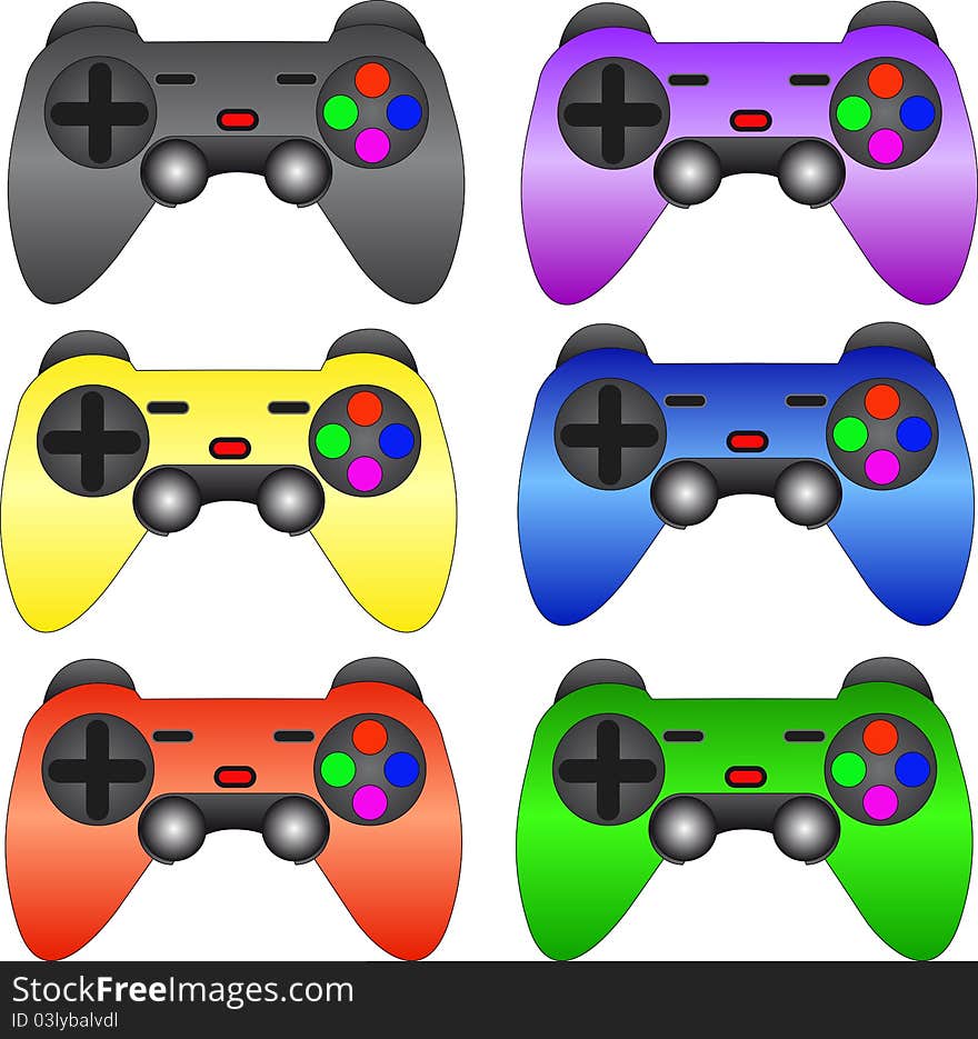 Set of 6 joystick icons in a different colors. Set of 6 joystick icons in a different colors