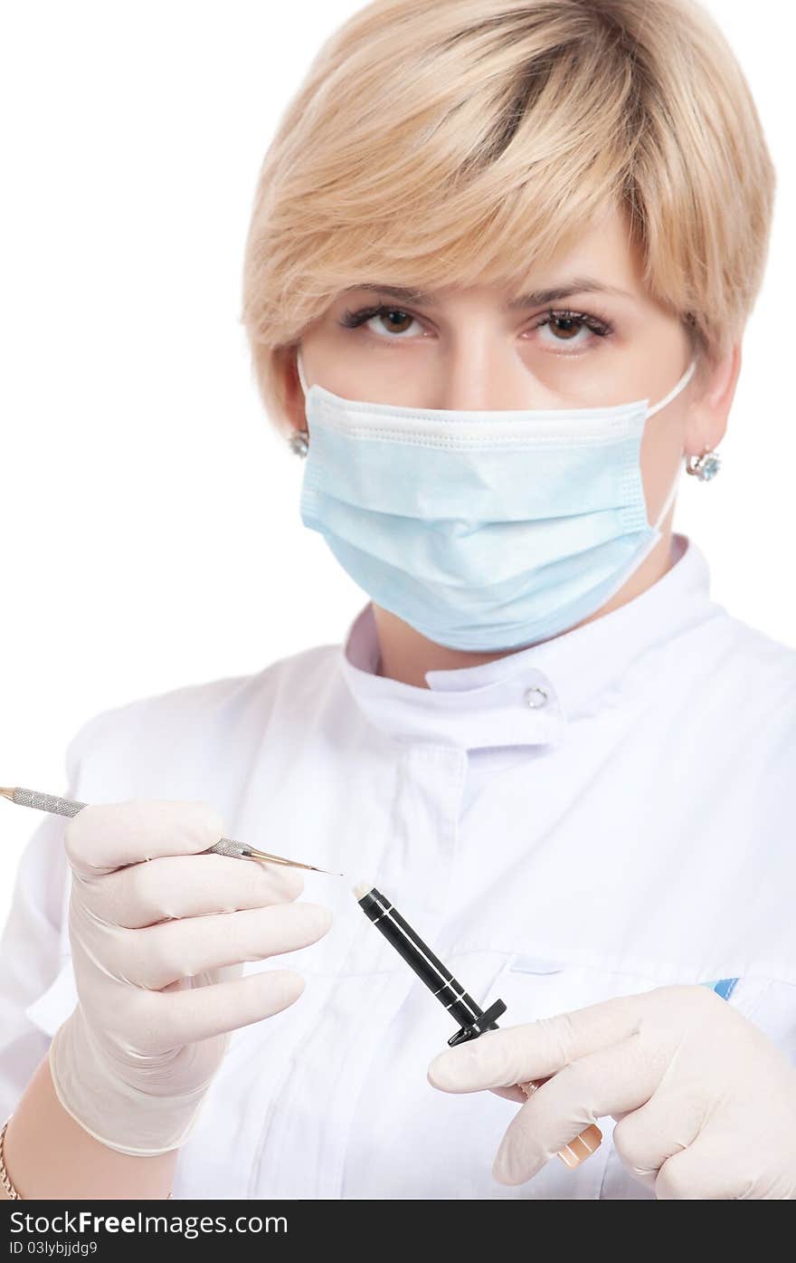 Portrait of female dentist - isolated over a white background. Portrait of female dentist - isolated over a white background