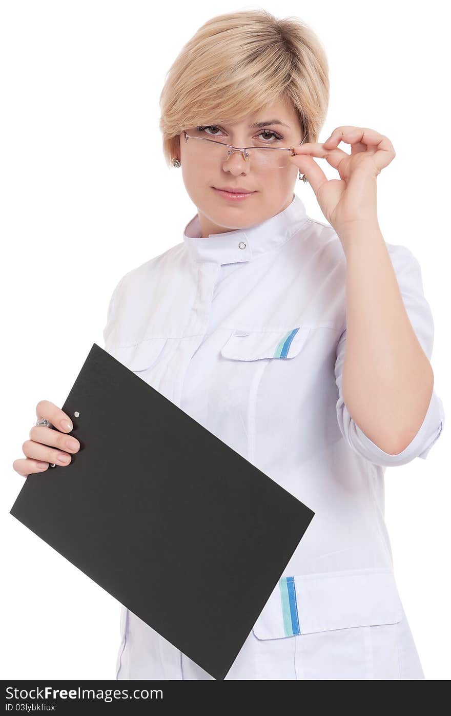 Portrait of female doctor holding a clipboard - isolated over a white background