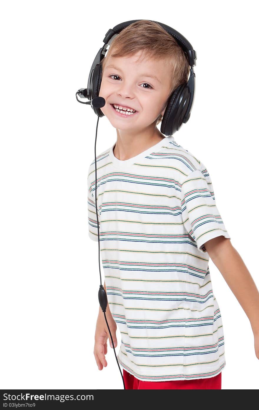 Little boy with headphones - isolated on white background