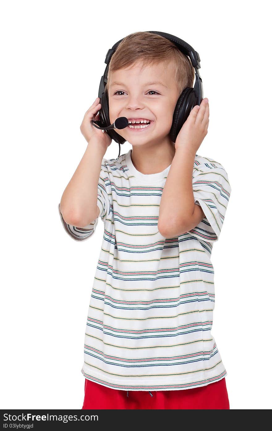 Little boy with headphones - isolated on white background