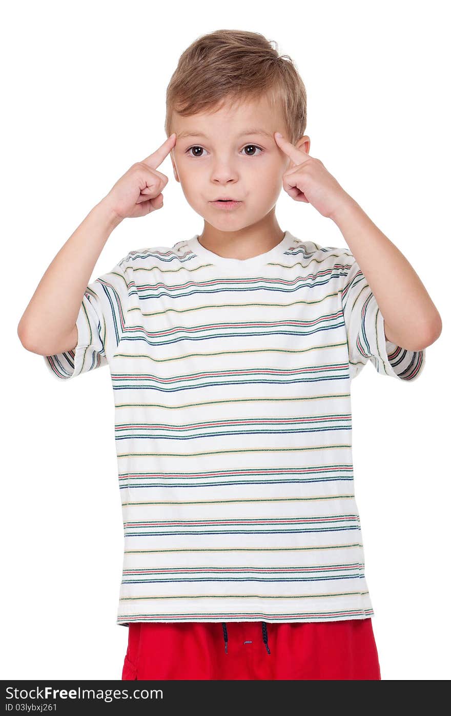 Portrait of emotionally kid. Funny little boy isolated on white background. Beautiful caucasian model.