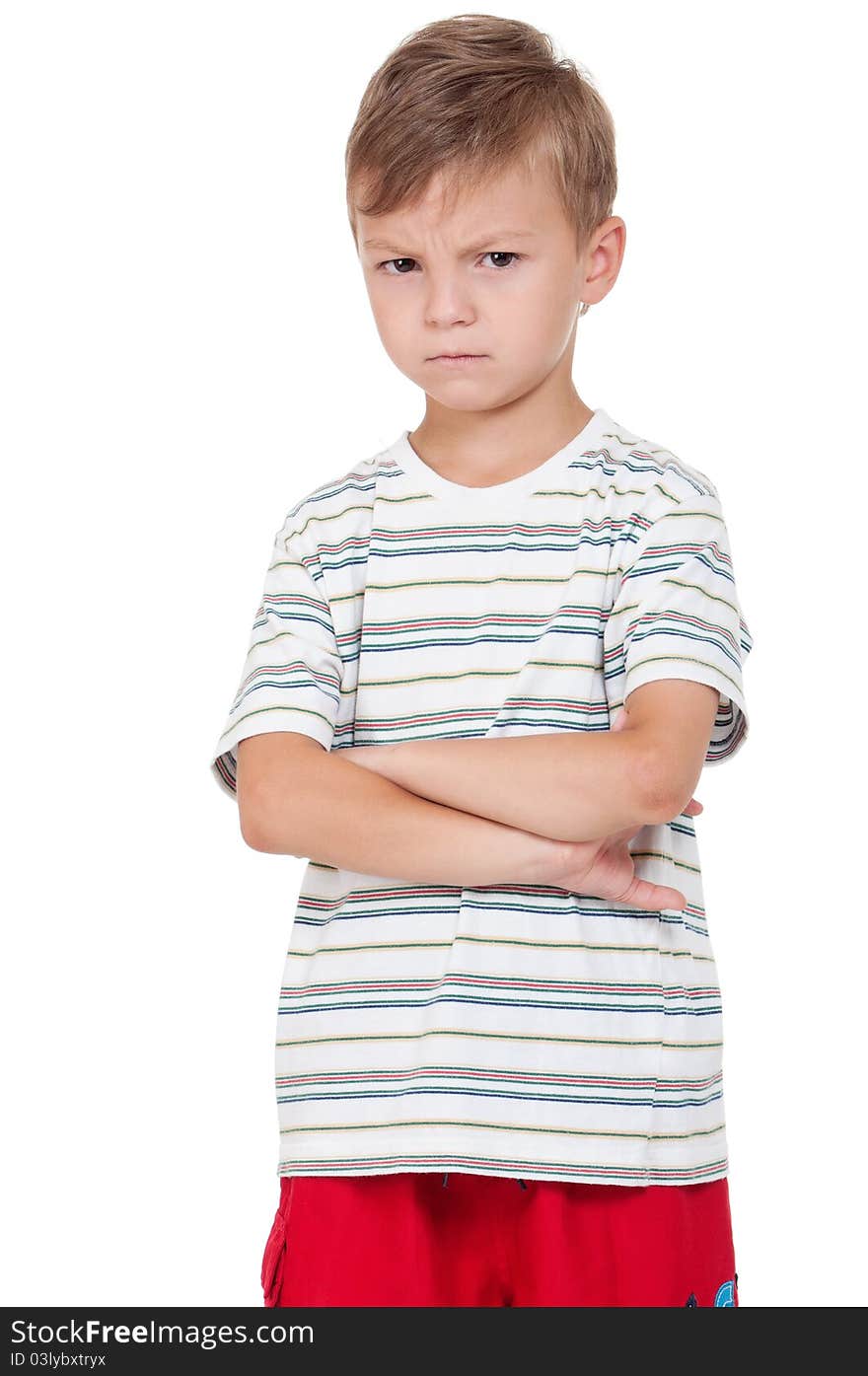 Portrait of emotionally kid. Funny little boy isolated on white background. Beautiful caucasian model.