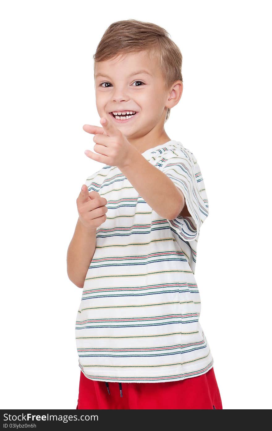 Portrait of emotionally kid. Funny little boy isolated on white background. Beautiful caucasian model.