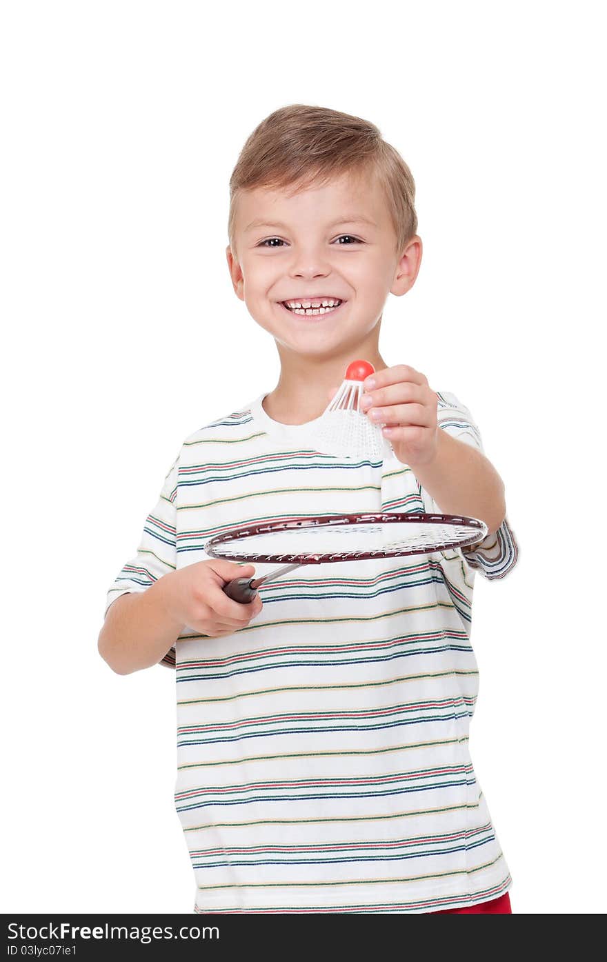 Little boy playing badminton - isolated on white background. Little boy playing badminton - isolated on white background