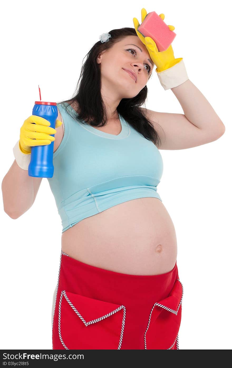 Tired pregnant housewife - isolated over a white background