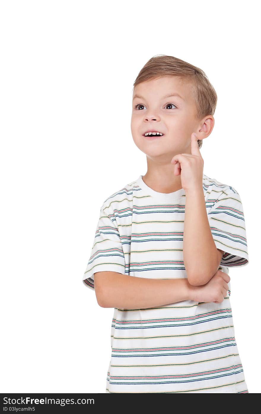 Portrait of emotionally kid. Funny little boy isolated on white background. Beautiful caucasian model.