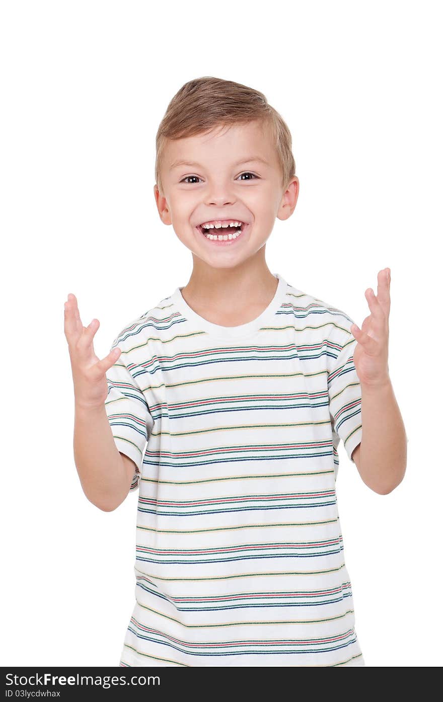 Portrait of emotionally kid. Funny little boy isolated on white background. Beautiful caucasian model.