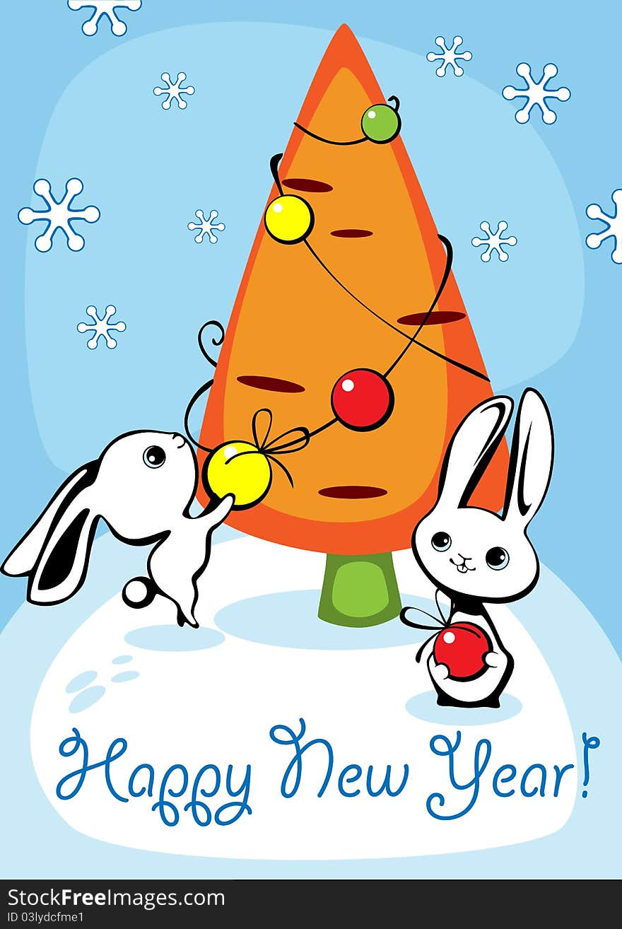 Christmas card with two hares and a fur-tree in the form of carrots. Christmas card with two hares and a fur-tree in the form of carrots