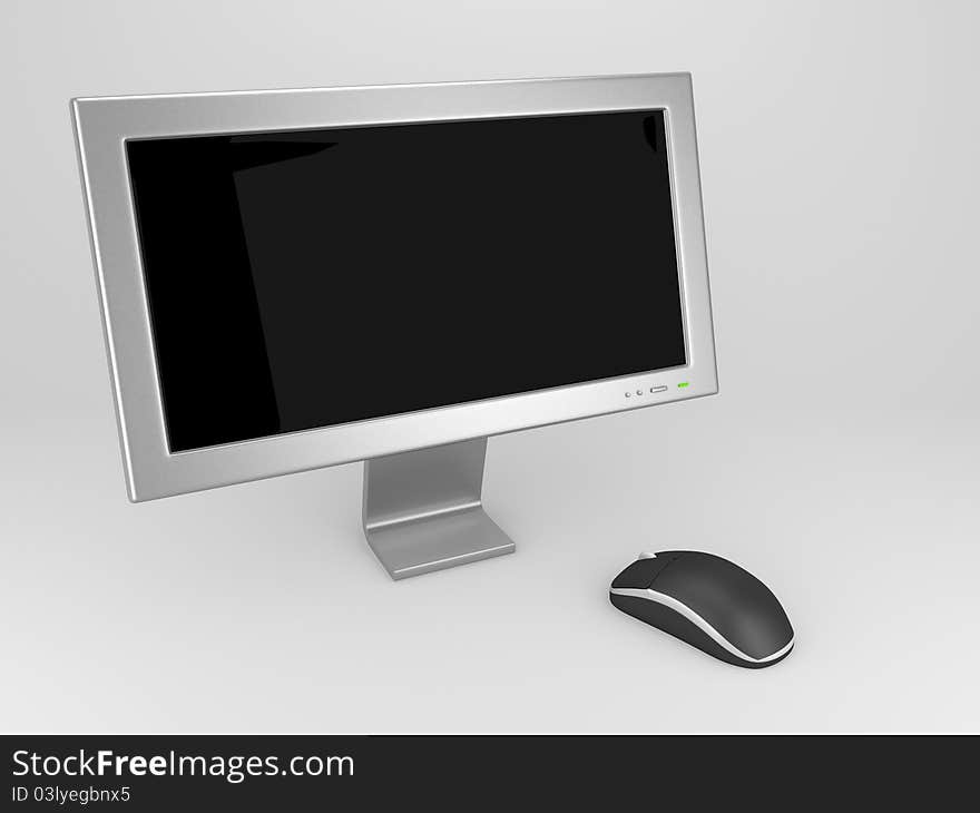 A render of a computer screen and a mouse. A render of a computer screen and a mouse