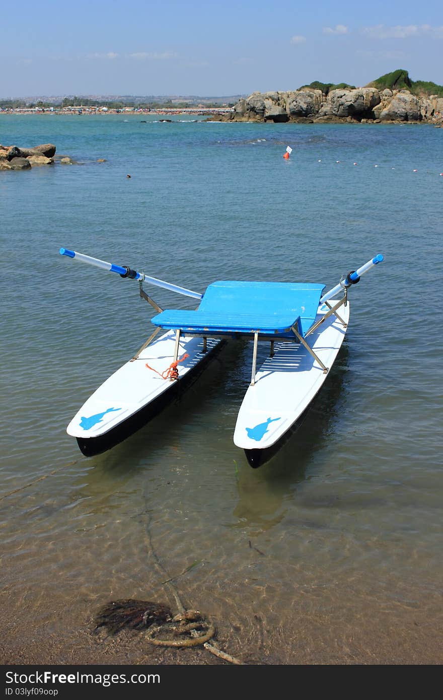 An italian twin-hulled rowboat with dolphin picture.