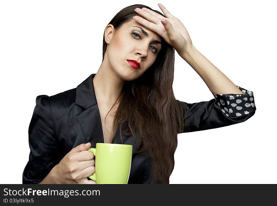 Tired businesswoman with a cup