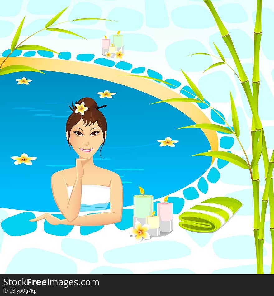 Illustration of lady in spa pool with flower and candle. Illustration of lady in spa pool with flower and candle