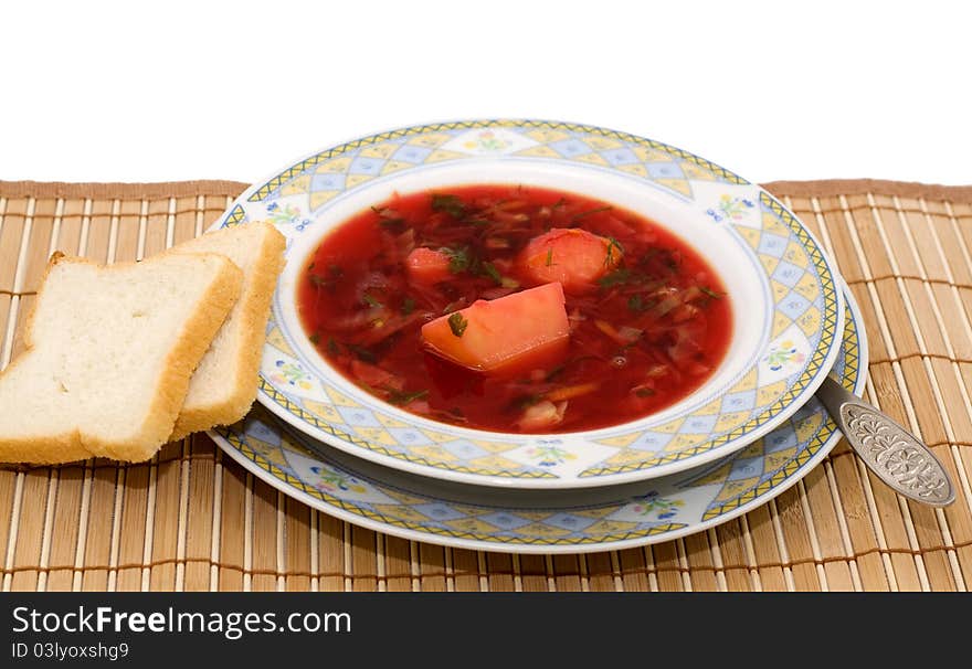 Vegetable soup - borscht in bowl with bread