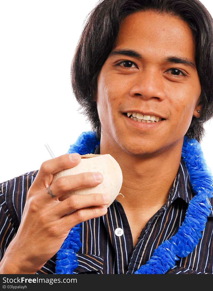 Man In Blue Lei With Coconut Drink. Man In Blue Lei With Coconut Drink