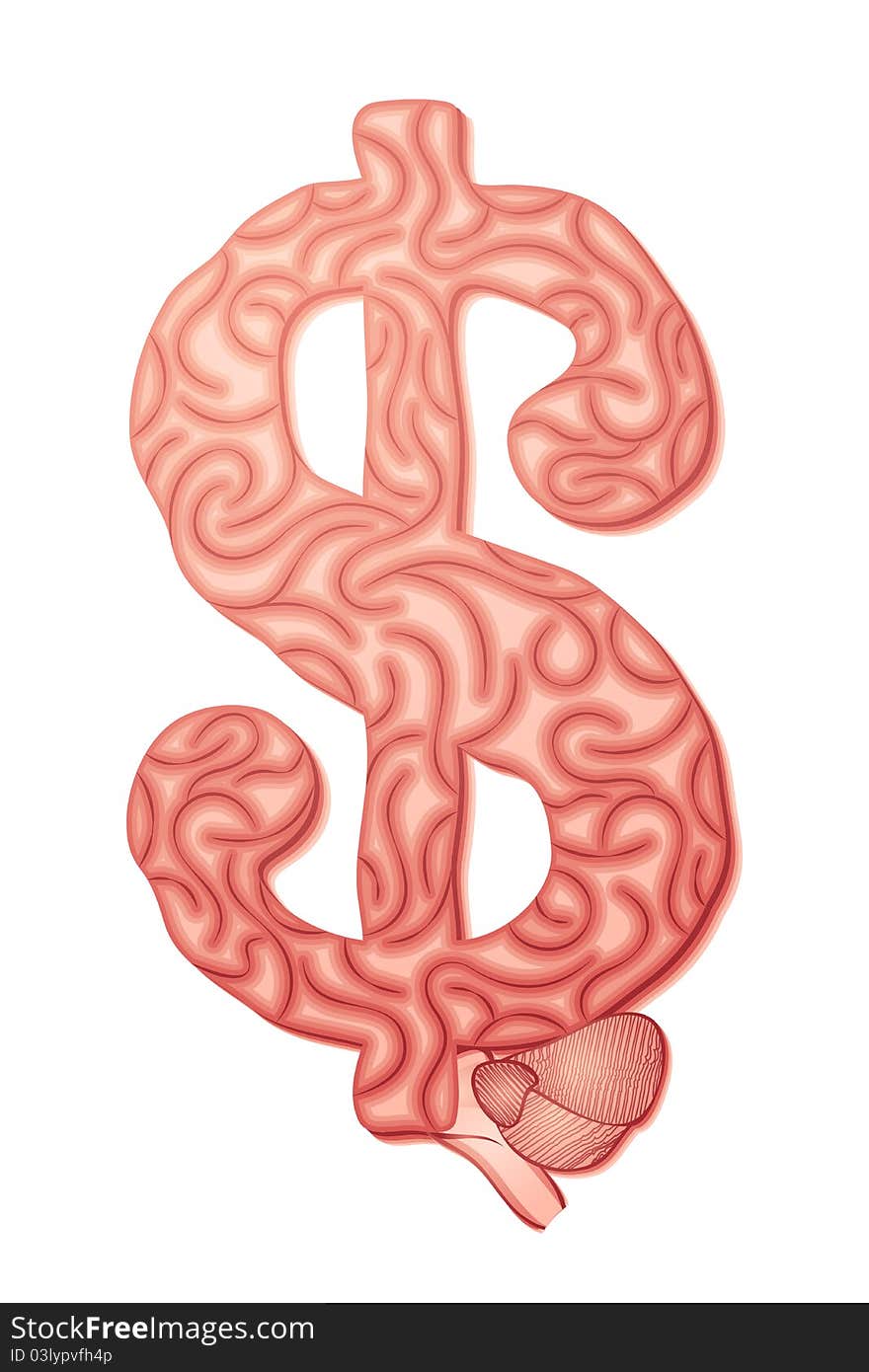 Illustration of brain in shape of dollar symbol. Illustration of brain in shape of dollar symbol