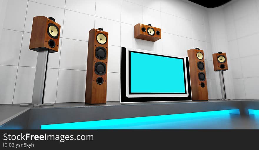 Render of room full of speaker and big monitor. Render of room full of speaker and big monitor