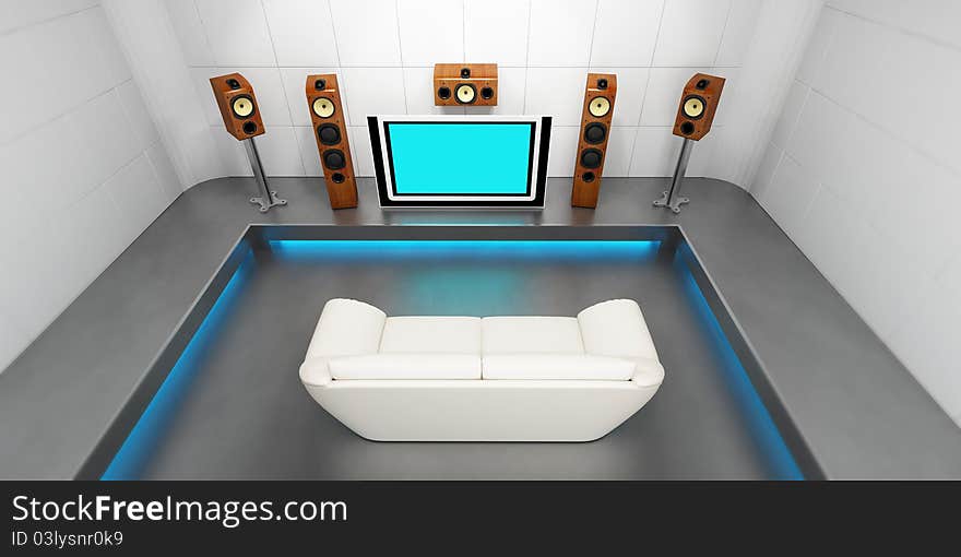 Render of room full of speaker and big monitor. Render of room full of speaker and big monitor