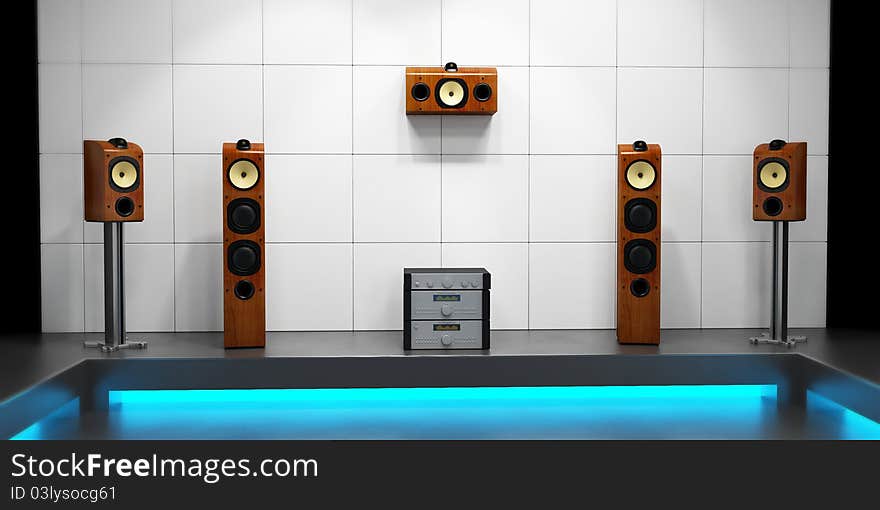 Render of room full of speaker and big monitor. Render of room full of speaker and big monitor