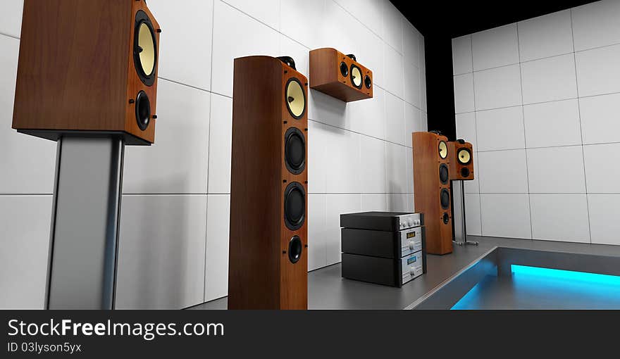 Render of room full of speaker and big monitor. Render of room full of speaker and big monitor