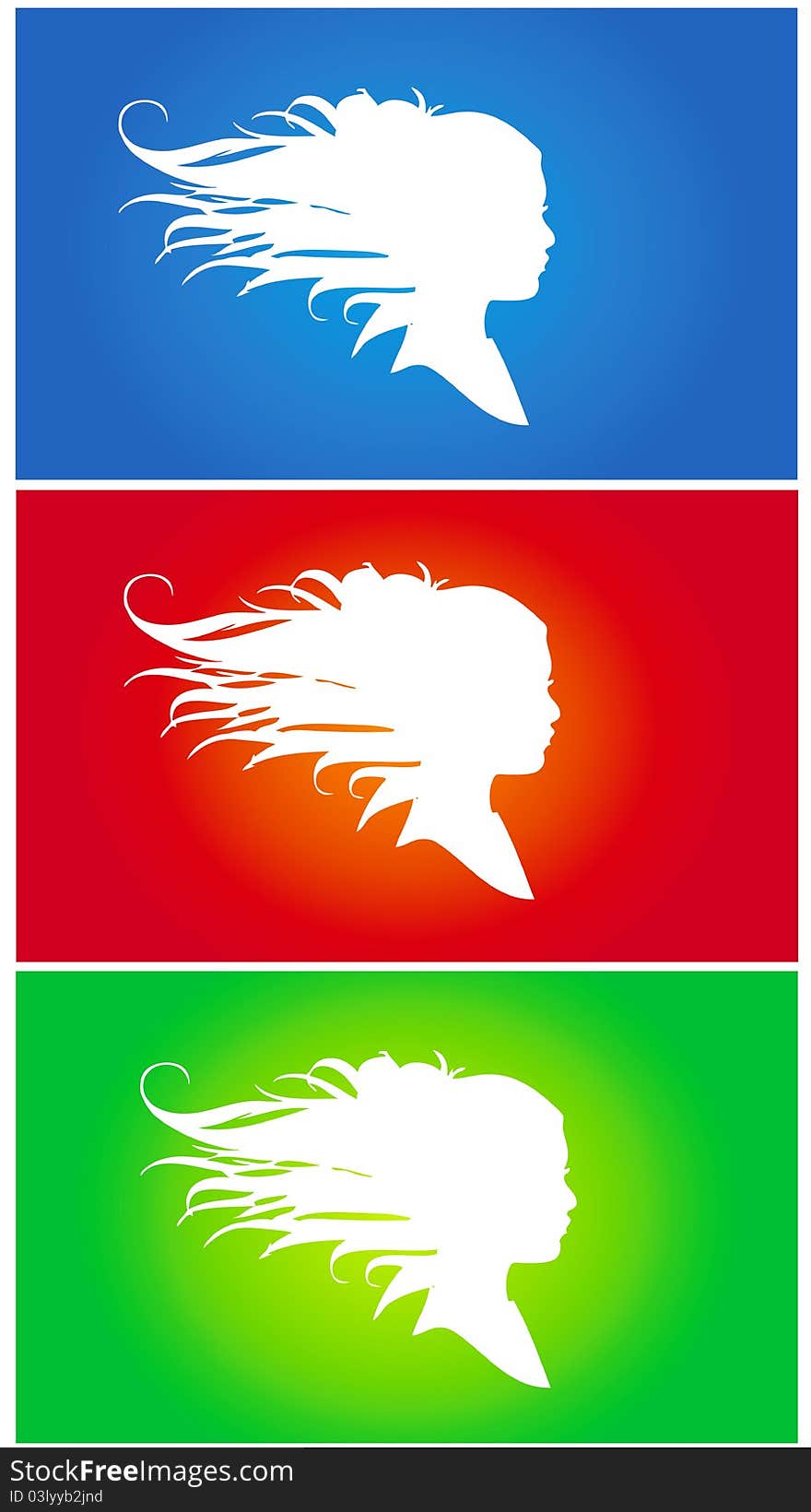 Three girl silhouette in blue, red and green