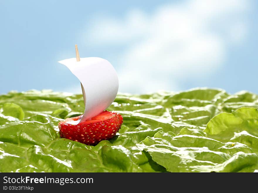 Boat, made of fresh strawberry on lettuce leaves