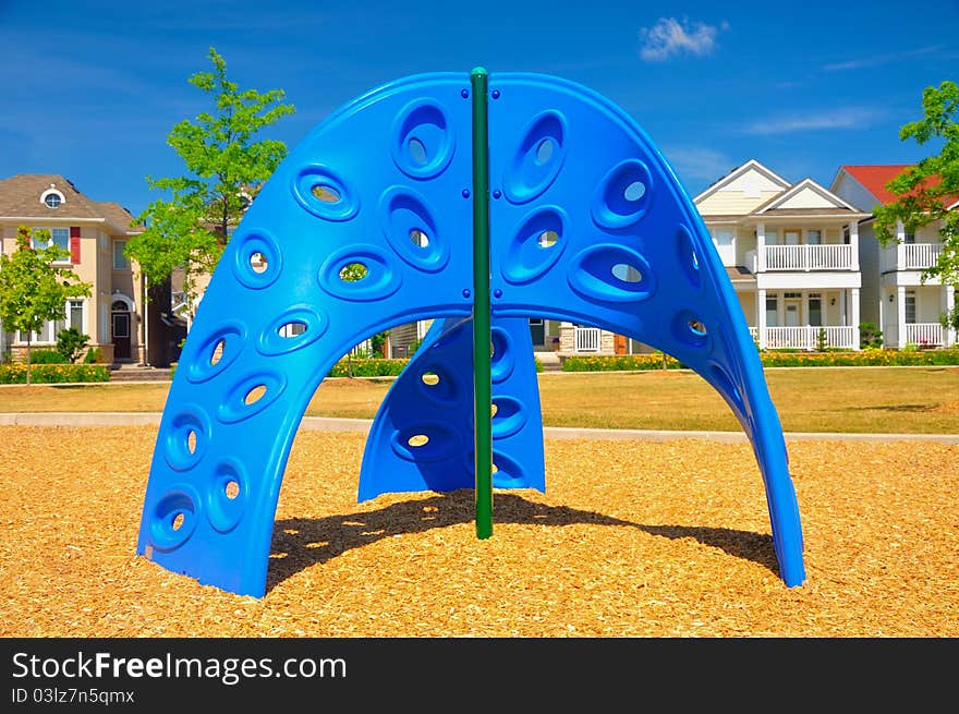 Colorful playground equipment in the neighborhood.