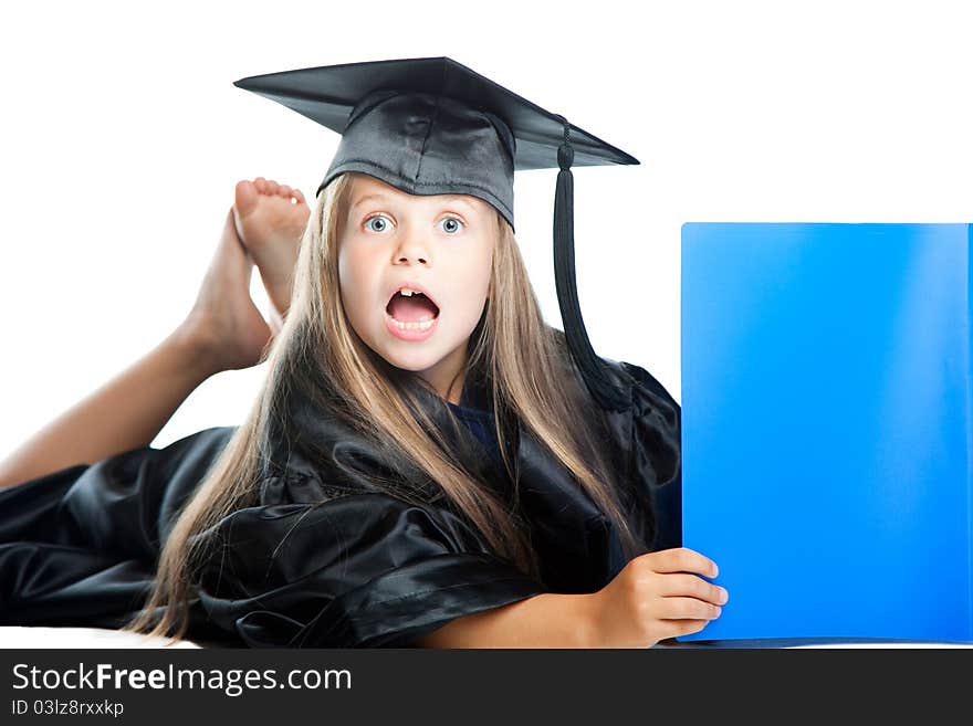 Cute Little Girl In Graduation Dress With Blue Boo