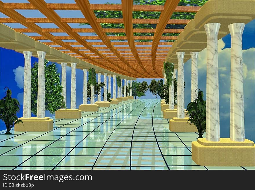 Long corridor with columns decorated by plants