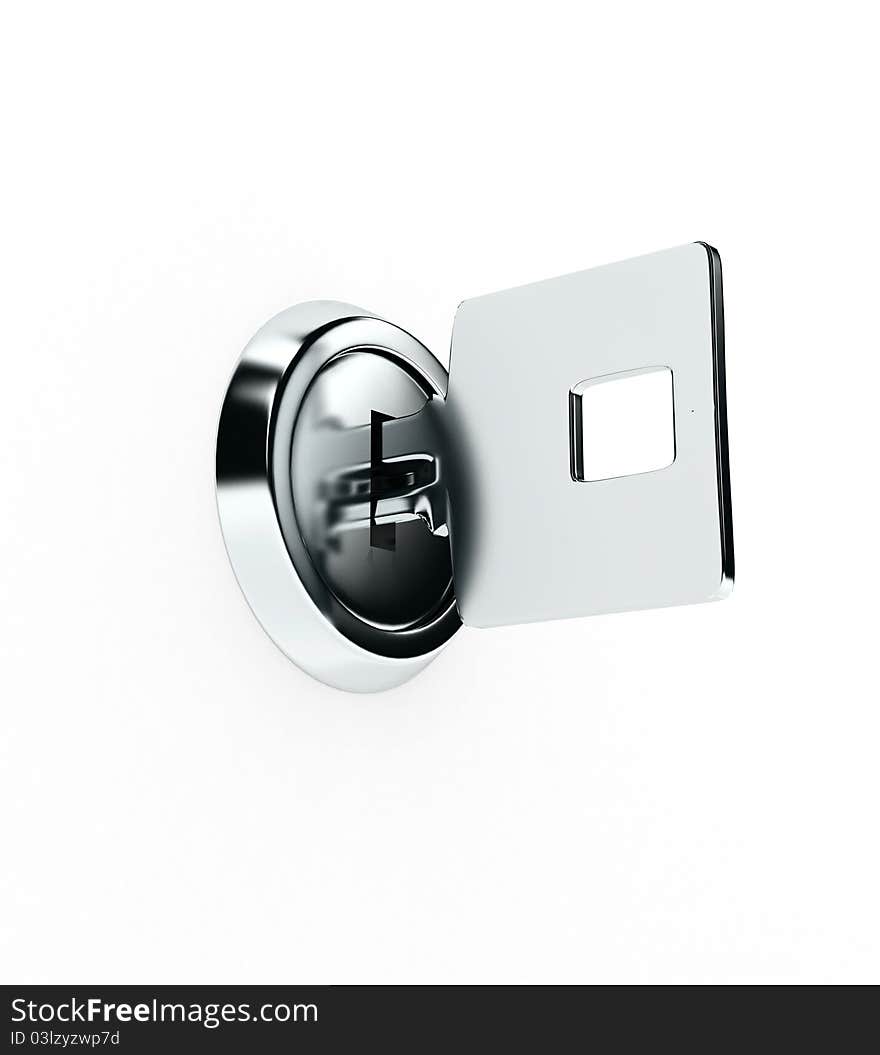 Metal key over white background. 3d rendered image