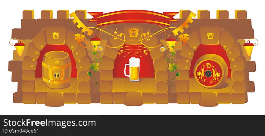 Arches in a stone wall with a beer mug and kegs